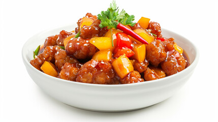 Front view fragrant Sweet and Sour Pork with plain white background and warm light for advertise and presentation. Created using generative AI. - obrazy, fototapety, plakaty
