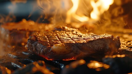 A steak is cooked and smoke rises.