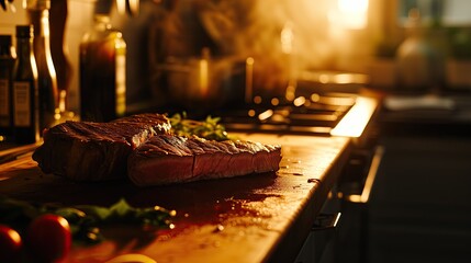 A steak is cooked to medium-rare and is set on a counter chopping block.