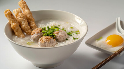 Front view fresh congee rice porridge with boil egg and pork ball and frie dough stick with white background and warm light for product presentation. Created using generative AI.