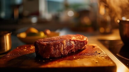 A thick steak rests on a chopping block.