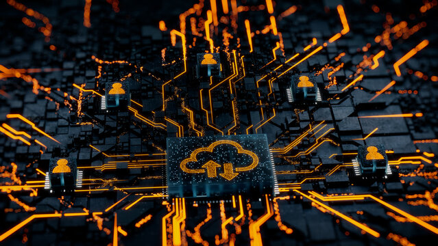 Data storage Technology Concept with cloud symbol on a Microchip. Orange Neon Data flows between Users and the CPU across a Futuristic Motherboard. 3D render.
