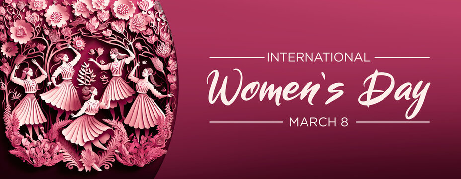 Fototapeta Premium Paper Cut Banner to Celebrate International Woman's Day. Pink Floral Design with Dancing Women, Flowers and caption. Generative AI.