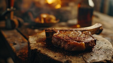A steak is cooked and set in a cozy, warm environment.