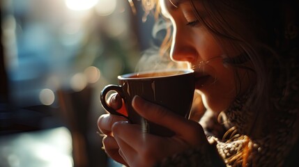 A woman smells a cup of coffee. 