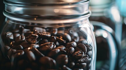 A macro shot of a jar of coffee beans.