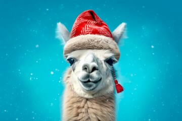 Funny Llama with Red Santa Hat and Fluffy Hair