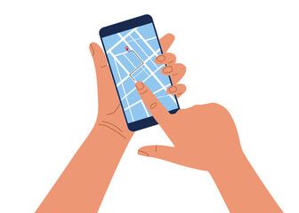 Map on mobile phone. GPS navigator. Human hands holding and Using Mobile Phone. GPS navigation location showing on display. Location Tracking App on Smartphone. Mobile gps navigation cartoon design.