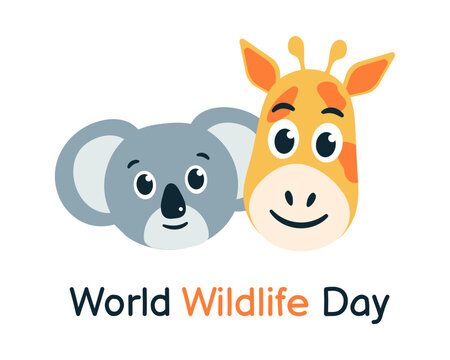 Muzzle of Koala, Giraffe. World Wildlife Day Text. Faces of Cute Wild Animals. Characters. Holiday card. Australian Zoo. Color image for Children. Vector illustration.