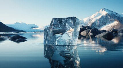  a piece of ice floating on top of a body of water next to a snow covered mountain covered in snow.