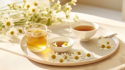 Obraz na płótnie Canvas a white plate topped with a cup of tea next to a cup of tea and a plate of daisies.