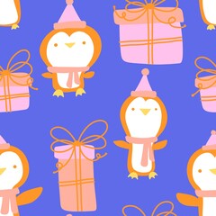 Christmas animals seamless penguin pattern for wrapping paper and fabrics and kids print and winter packaging