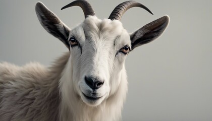 Portrait of a goat with horns on a gray studio background.