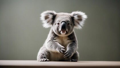 Cute koala sitting on a wooden table and looking at camera