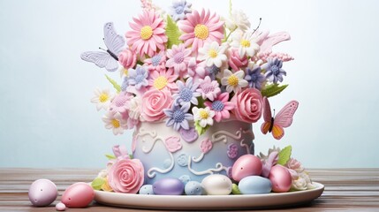  a cake decorated with flowers, eggs, and butterflies on a plate with a blue wall in the back ground.