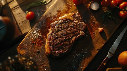 A cooked steak on a cutting board.