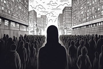 Concept illustration of myself in the crowd. Concept of the loneliness of living in the city, mental and stress and relationship problems. Cartoon-style line art illustration. - obrazy, fototapety, plakaty