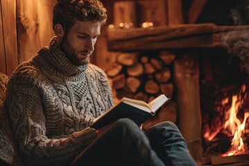 Male model in a cozy sweater reading a book by a fireplace - obrazy, fototapety, plakaty