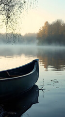 a tranquil lakeside view at dawn, with a canoe resting on the calm water and mist rising in the air