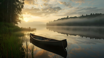 a tranquil lakeside view at dawn, with a canoe resting on the calm water and mist rising in the air - obrazy, fototapety, plakaty