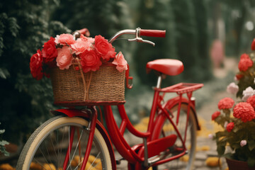 Fototapeta na wymiar Vintage red bicycle with flowers in its basket. Generative AI