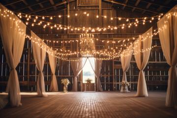 Indoor barn wedding with string lighting to celebrate marriage in a rustic setting. Generative AI - obrazy, fototapety, plakaty