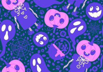 Cartoon Halloween seamless pumpkins and monsters and ghost pattern for wrapping paper and fabrics and linens