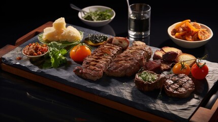  a platter of steak, potatoes, tomatoes, and other foods on a wooden tray with a glass of water.