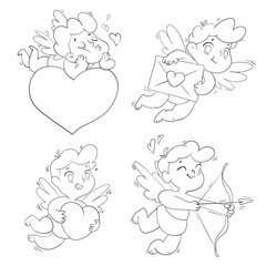 Valentines Day with cute cartoon cupids. Be my Valentine. I love you. Black and white character. Funny vector illustration. Isolated white background. Set