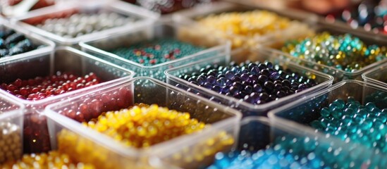 Fototapeta premium Bead containers with colored accessories for jewelry making, plus needlework and handmade crafts.