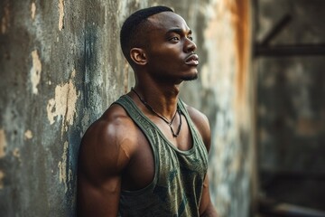 Obraz premium Young African-American man, athletic, wearing a T-shirt in a fashionable style, background dark beige, English light green and dark gray, street style