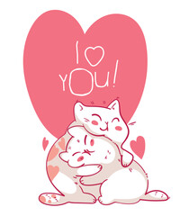 Valentines Day with cute cartoon cats. I love you. Cute kitties hugging. Colorful cartoon character. Funny vector illustration. Isolated white background. Greeting card template