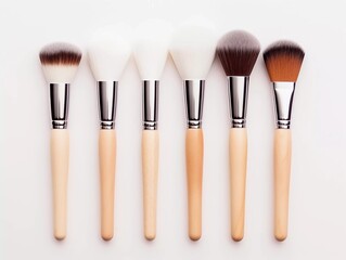 Top view of cosmetic brushes set on white background with copy space, AI generator