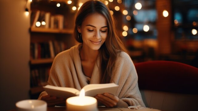 Woman enjoying reading book in cozy candlelit room. Young beautiful woman reading book in cafe at christmas time, closeup