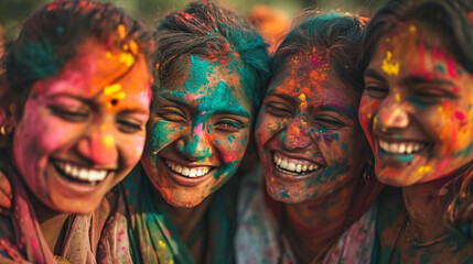 copy space, stockphoto,high detailed photo, Group of smiling indian people portrait, colored smiling indian faces with vibrant colors during the celebration of the holi festival in India. Multi-color. - obrazy, fototapety, plakaty