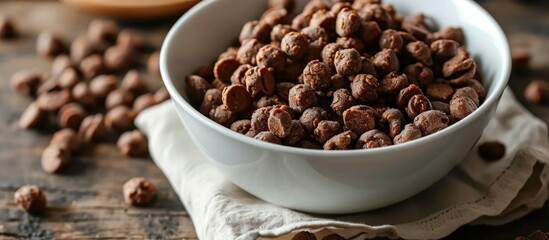 Chocolate-filled wholegrain cereal in a white bowl.