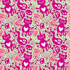 Halloween cat seamless pumpkins and ghost pattern for wrapping paper and fabrics and linens and kids clothes