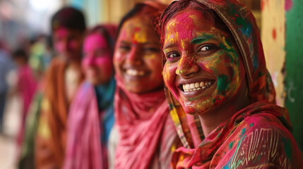 copy space, stockphoto,high detailed photo, Group of smiling indian people portrait, colored smiling indian faces with vibrant colors during the celebration of the holi festival in India. Multi-color. - obrazy, fototapety, plakaty