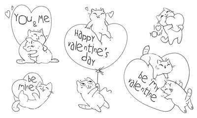 Valentines Day with cute cartoon cats. Be my Valentine. I love you. Black and white character. Funny vector illustration. Isolated white background
