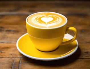 A yellow cup with a heart on it. Generative AI.