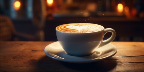 Fototapeta premium A cup of coffee with a heart shape on top. Generative AI.