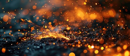 Fiery sparks flying in darkness. Abstract magical wallpaper. - obrazy, fototapety, plakaty