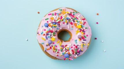  a donut with pink frosting and sprinkles on a blue background with sprinkles.