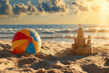Beach ball lies on the sand next to a sand castle - obrazy, fototapety, plakaty