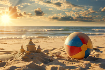 Obraz premium Beach ball lies on the sand next to a sand castle