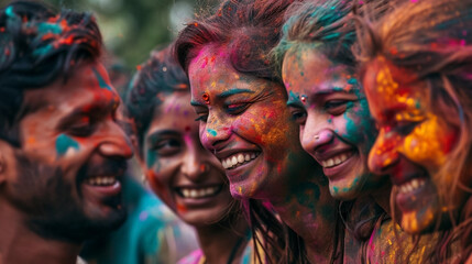 copy space, stockphoto, candid photo of a Group of smiling indian man and woman portrait, colored smiling indian faces with vibrant colors during the celebration of the holi festival in India. Group o - obrazy, fototapety, plakaty