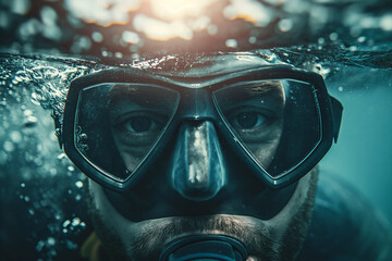 Guy in a diving mask with a breathing tube underwater - obrazy, fototapety, plakaty