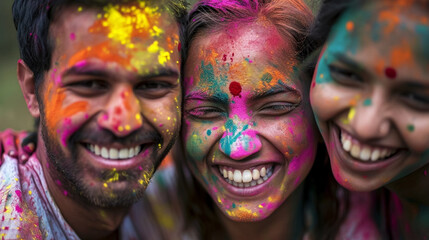 copy space, stockphoto, candid photo of a Group of smiling indian man and woman portrait, colored smiling indian faces with vibrant colors during the celebration of the holi festival in India. Group o - obrazy, fototapety, plakaty