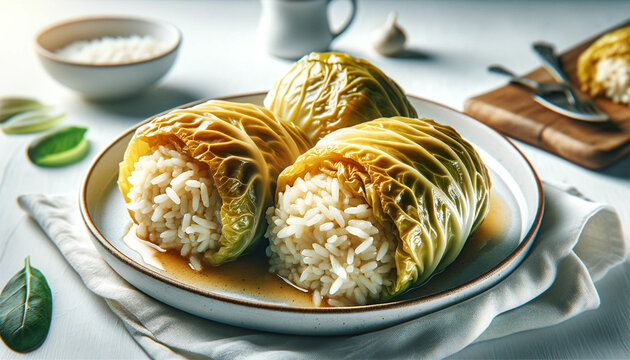cabbage with rice, served on a white table. The image should vividly capture the dish