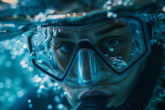 Girl in a diving mask with a breathing tube underwater
